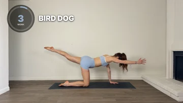 The same second in SweatCut: a ring timer reading 3 and the exercise name BIRD DOG at the top left.