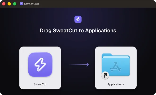 The window that opens: the words Drag SweatCut to Applications over SweatCut's icon on the left, an arrow, and the Applications folder on the right.