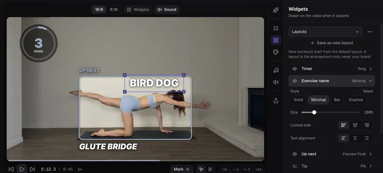 The SweatCut editor with the Widgets panel open: a ring timer reading 3, the exercise name BIRD DOG being dragged into place, and an up-next window showing GLUTE BRIDGE.
