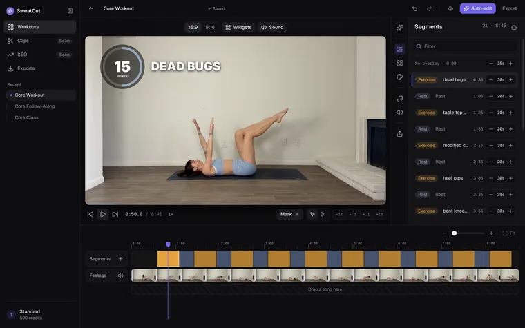 The SweatCut editor after auto-edit: every exercise and rest listed by name, amber and slate bands along the timeline, and DEAD BUGS with a ring timer on the video.