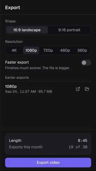 The Export panel: Shape 16:9 landscape, Resolution 1080p, a 1080p export under Earlier exports with Open and Show in folder buttons, and the Export video button.