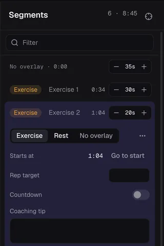 An open row in the Segments panel with the Exercise, Rest and No overlay switch, and the pointer on Rest.