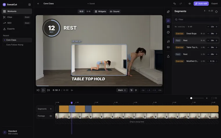 The SweatCut editor a few marks in: Dead Bugs, Rest, Table Top Hold and Modified Crunch listed in the Segments panel, amber and slate bands along the timeline, and a rest with an up-next window on the video.