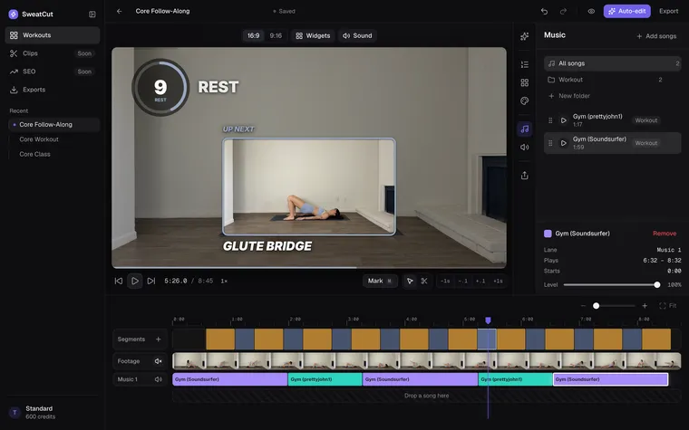 The SweatCut editor with the Music panel open and songs laid along the timeline under the workout.