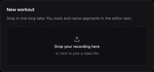 The New workout box in SweatCut, reading Drop your recording here, or click to pick a video file.