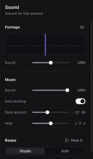 The Sound panel in three parts. Footage: the sound close-up around the playhead, a Sound slider and a mute button. Music: a Sound slider, Auto ducking switched on, and Duck amount at −12 dB and Hold at 1.5 s under it. Beeps: the Studio and Soft presets, with a Hear it button.