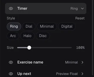 The Timer row in SweatCut's Widgets panel, open to its styles, Ring, Dial, Minimal, Digital, Arc, Halo and Disc, with a Size slider.